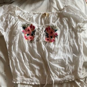 Hollister, white floral off the shoulder crop top with a string. Size small